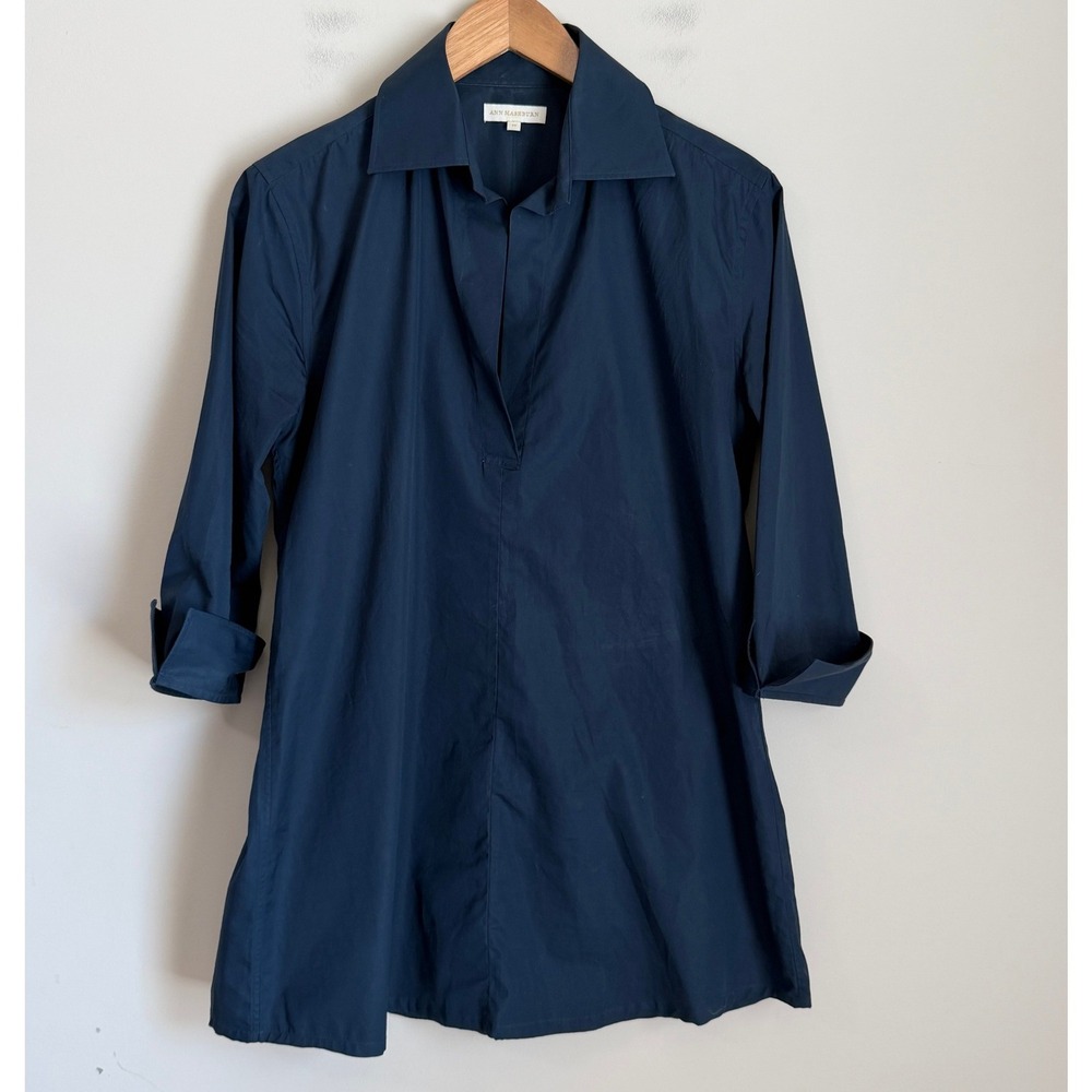Ann Mashburn Anaya Popover Tunic Blouse Women M Navy Blue 3/4 Sleeve Cuffed
